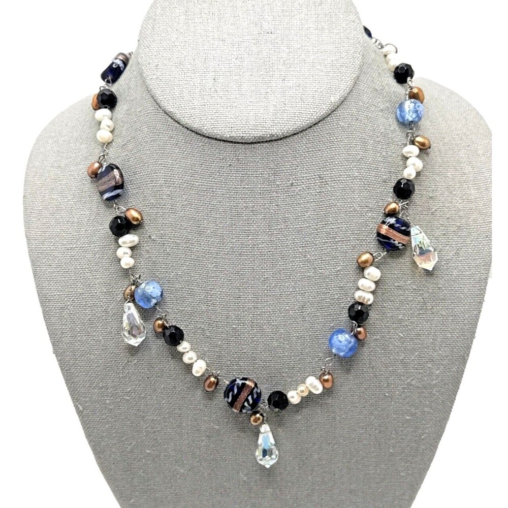 Artisan Genuine Pearl & Lampwork Bead Necklace Boho Faceted Dangle Accents 20"